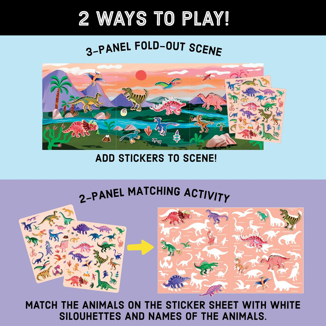 Promotional graphic for a dinosaur-themed sticker activity set showing two ways to play: a 3-panel fold-out scene with dinosaurs and animals, and a 2-panel matching activity with dinosaur silhouettes and names. The top section is light blue and the bottom is lavender, with white text and colorful illustrated sheets.