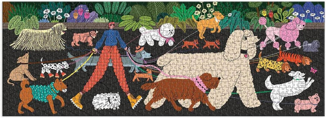 Mosaic artwork of a person walking various dogs with a colorful background