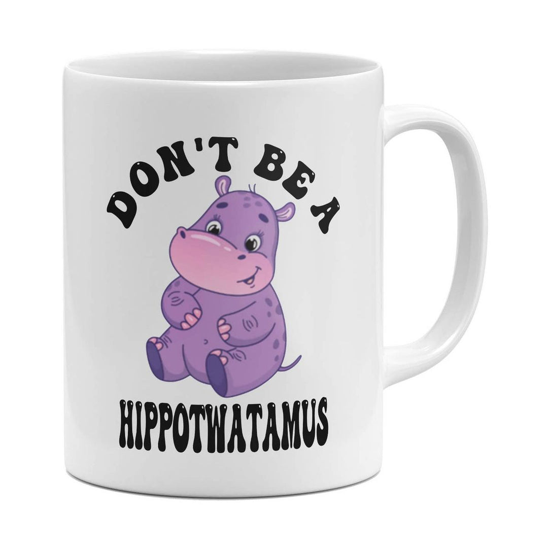 White mug with a purple hippo graphic and text on a white background