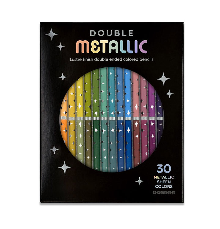 Packaging of Double Metallic colored pencils with a rainbow color scheme on a black background.