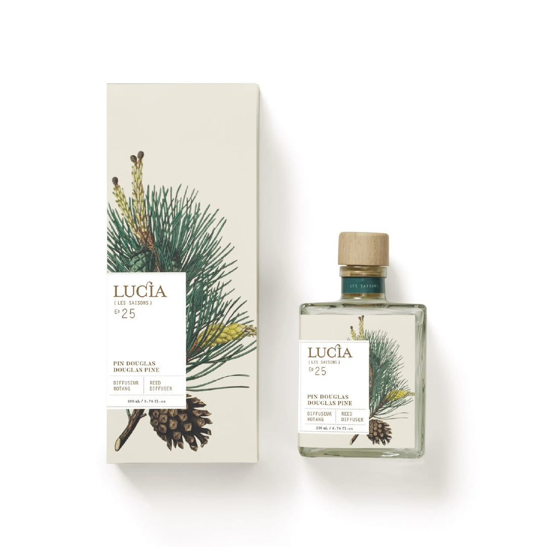 Lucãé perfume bottle and packaging with pine design on a white background