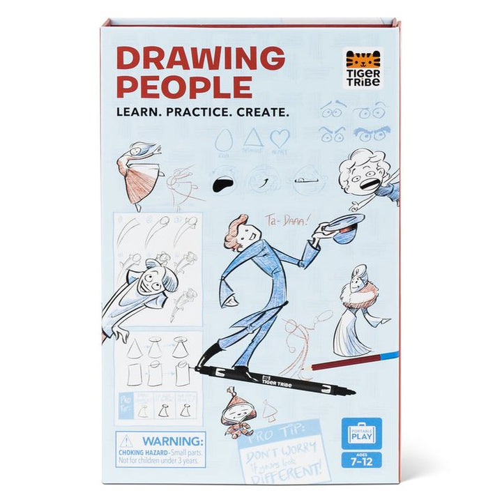 Box for 'Drawing People' educational kit by Tiger Tribe with illustrations and text on a white background.