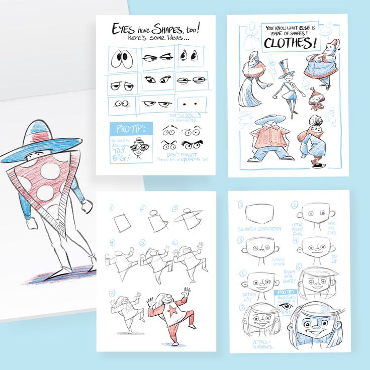 Educational posters for drawing eyes and clothing on cartoon characters with a blue background.