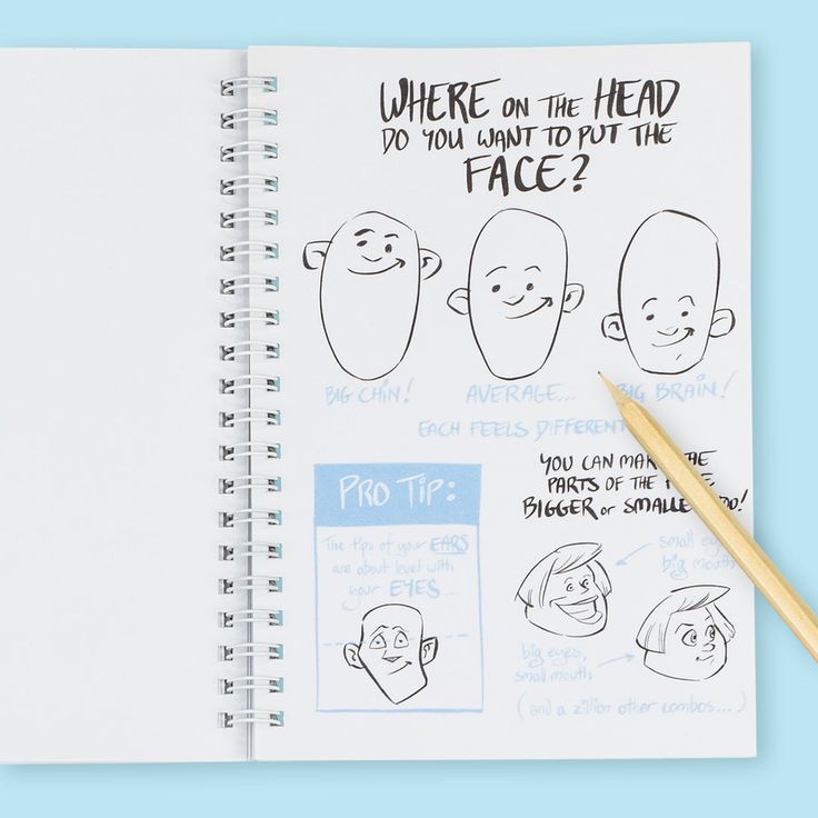 Notebook with drawing prompts for placing a face on a head, on a light blue background.