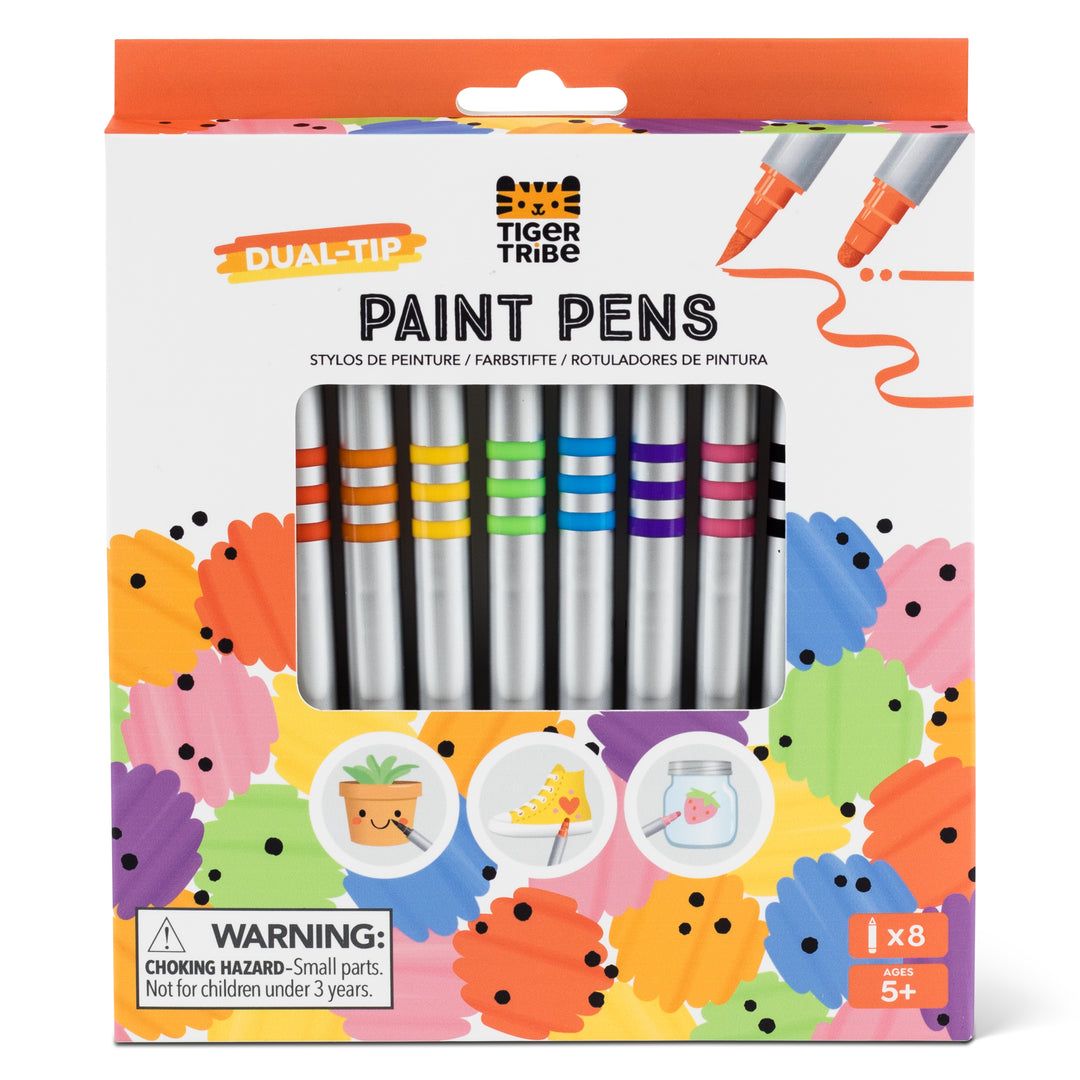 Packaging of Tiger Tribe dual-tip paint pens with colorful design and product display.