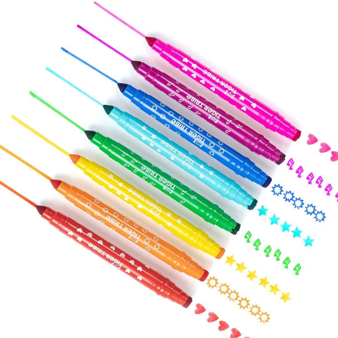 Set of colorful pens with star, heart, and smiley face designs on a white background