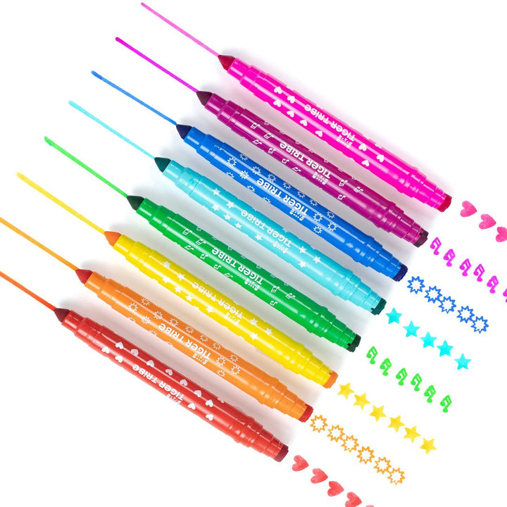 Set of colorful pens with star, heart, and smiley face designs on a white background