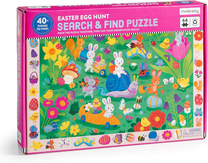 Easter egg hunt search and find puzzle packaging with colorful design on a white background