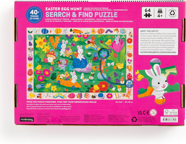 Easter egg hunt search and find puzzle packaging with colorful illustration on pink background