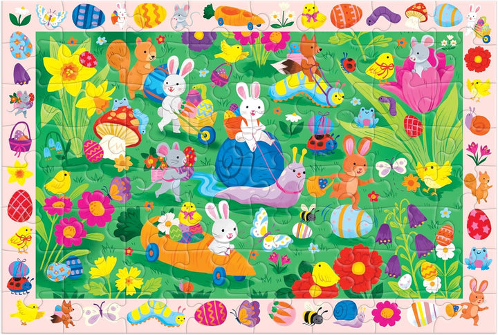 Colorful children's rug with cartoon animals and flowers on a green background
