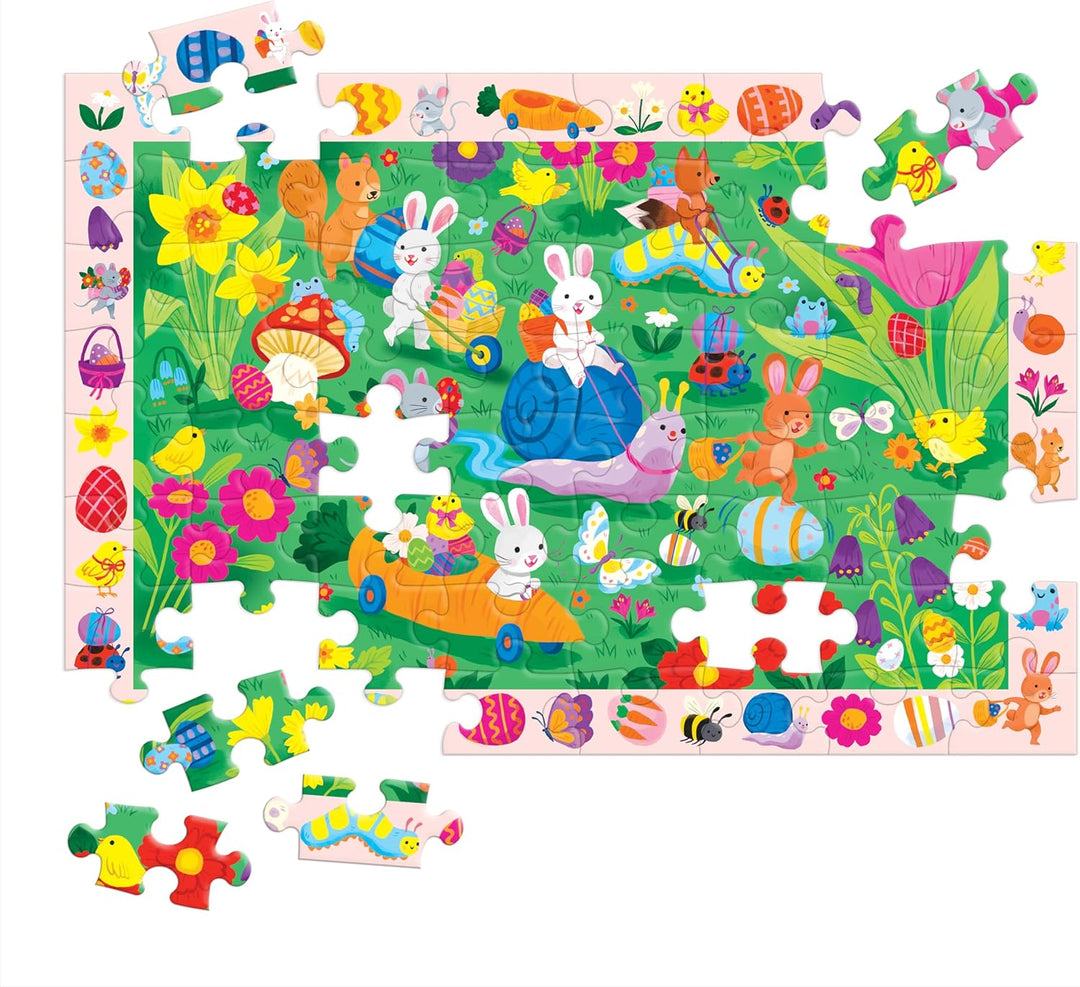Children's puzzle with Easter-themed design featuring bunnies, eggs, and flowers.
