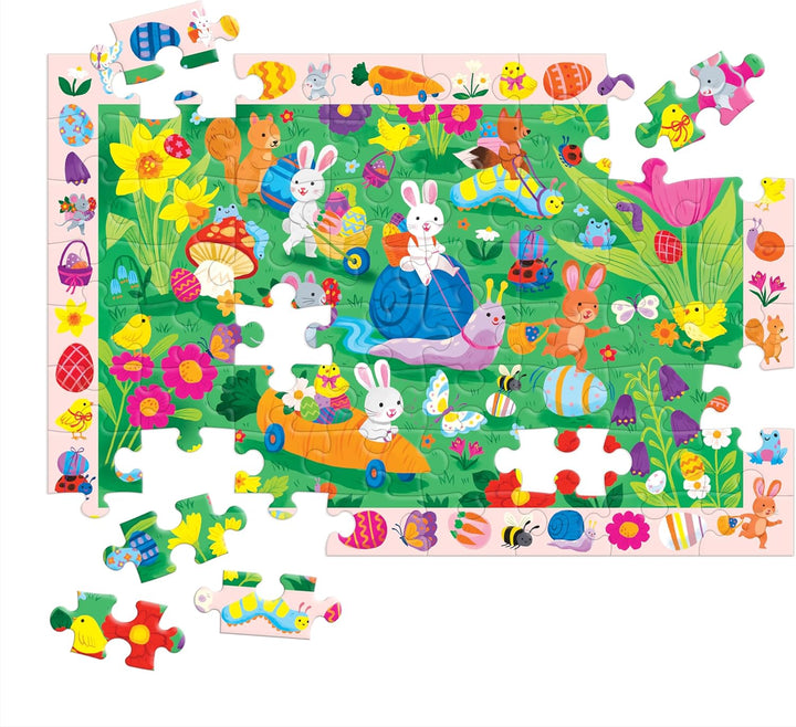 Children's puzzle with Easter-themed design featuring bunnies, eggs, and flowers.