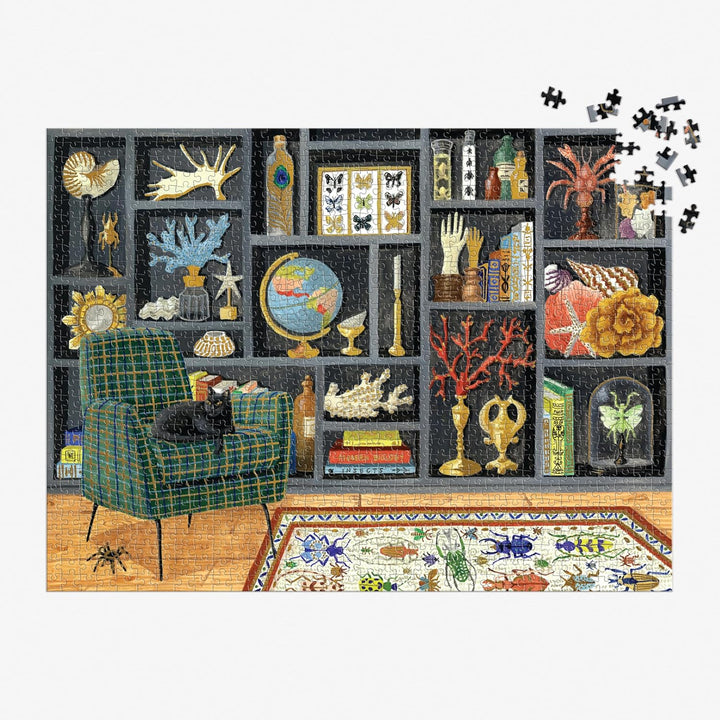 Jigsaw puzzle with a completed scene of a room with shelves displaying various objects and a chair with a cat.