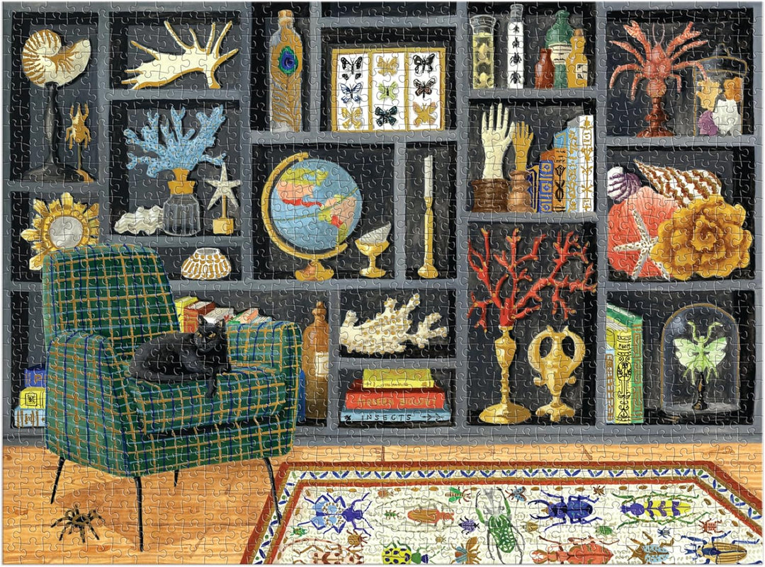 Decorative rug with a pattern of books, butterflies, and other items on a black background.