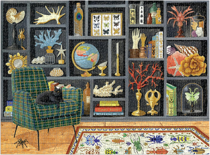 Decorative rug with a pattern of books, butterflies, and other items on a black background.