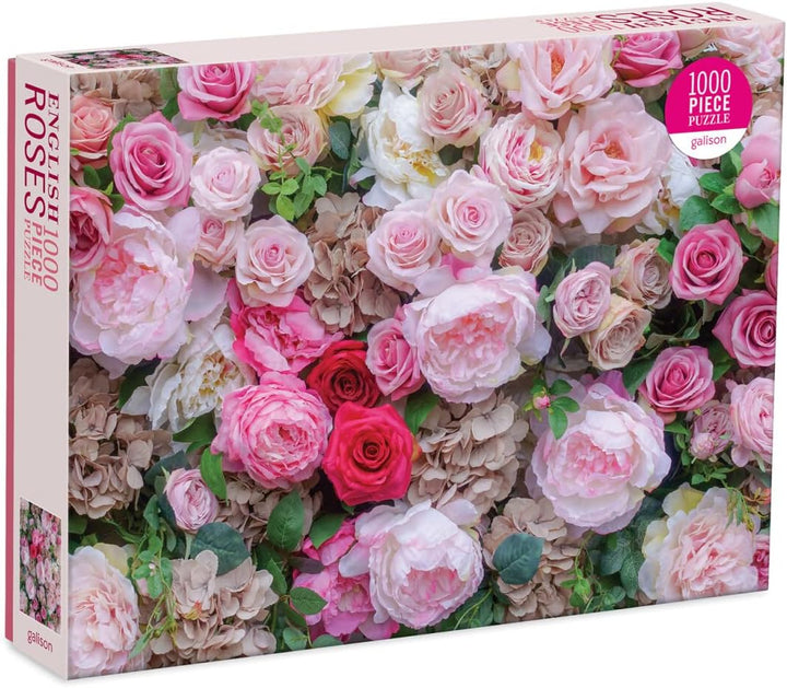 Jigsaw puzzle box with a floral design featuring pink and white roses.