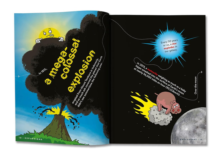 Illustrated book open to a page with a 'megafecal colossal explosion' and space-themed illustrations.