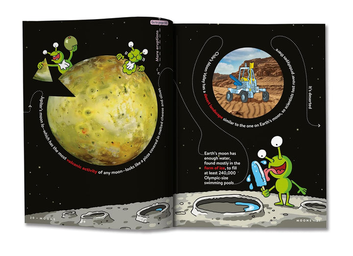 Open book showing illustrations of a moon and Earth's moon with cartoon characters explaining lunar features.