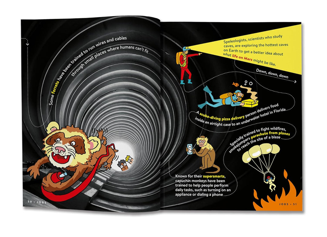 Illustrated book open to a page with a cartoon lion and text about space exploration.