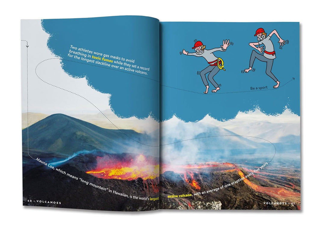 Open book showing a page with a volcanic landscape and another with cartoon characters on a blue sky background.