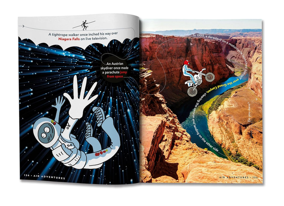 Open book showing illustrations of a space scene and a canyon with a paraglider.