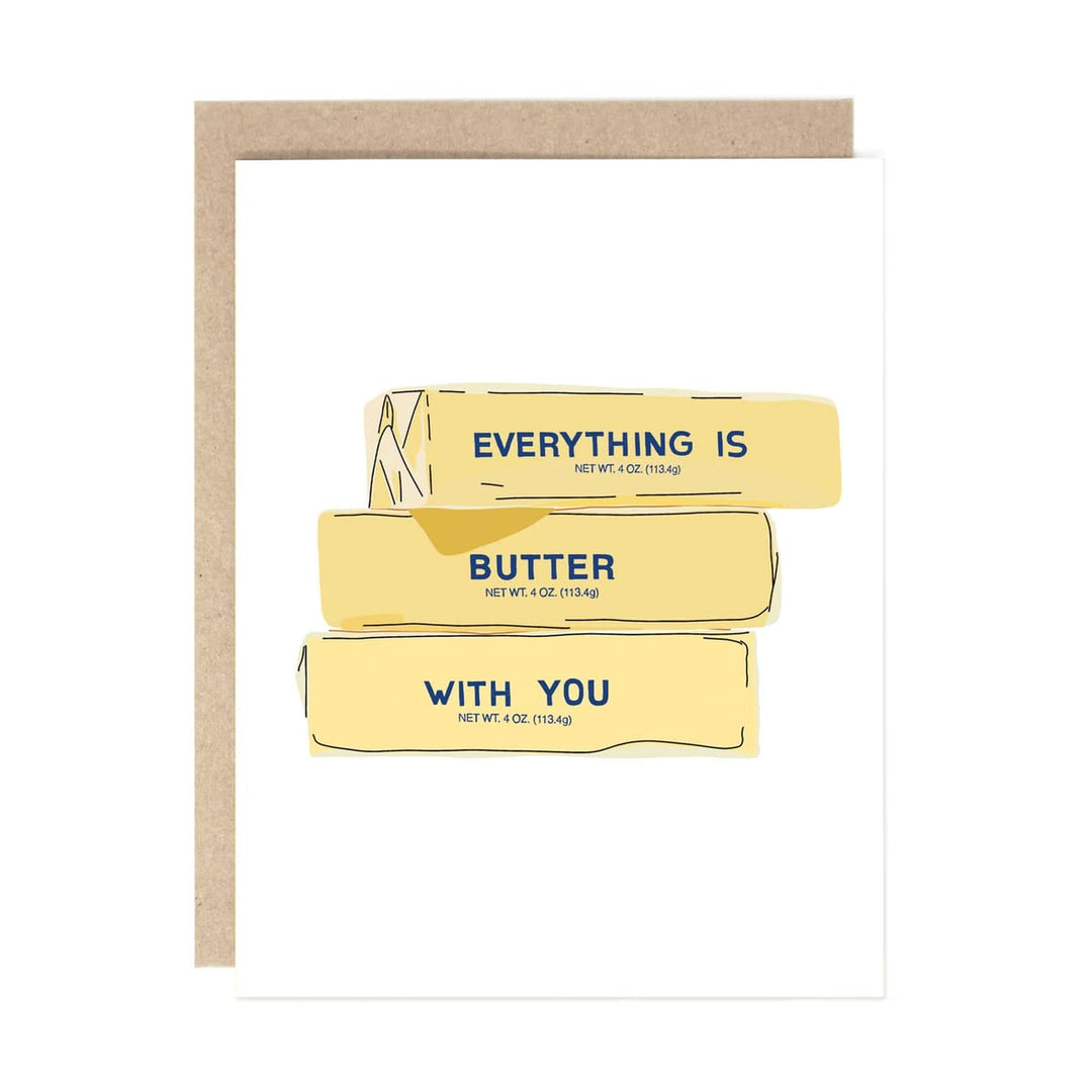 Card with yellow butter packages and text on a white background