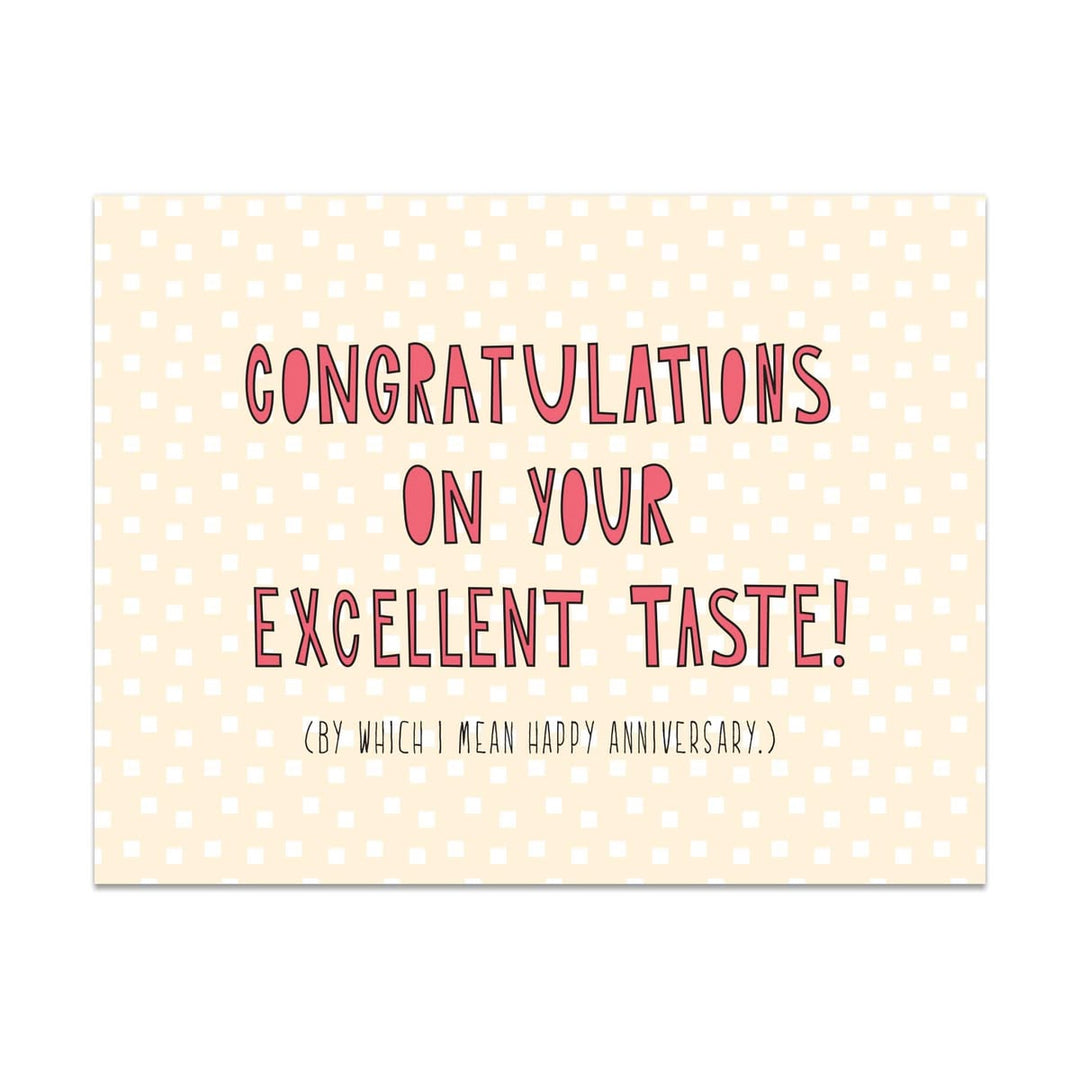 Card with polka dot pattern and humorous text on a beige background