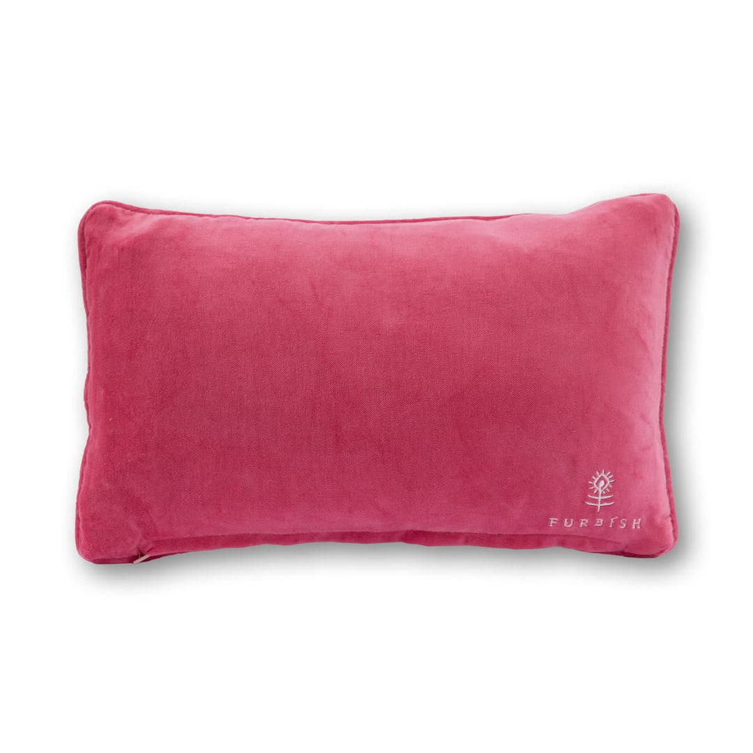 Pink pillow with a brand logo on a white background