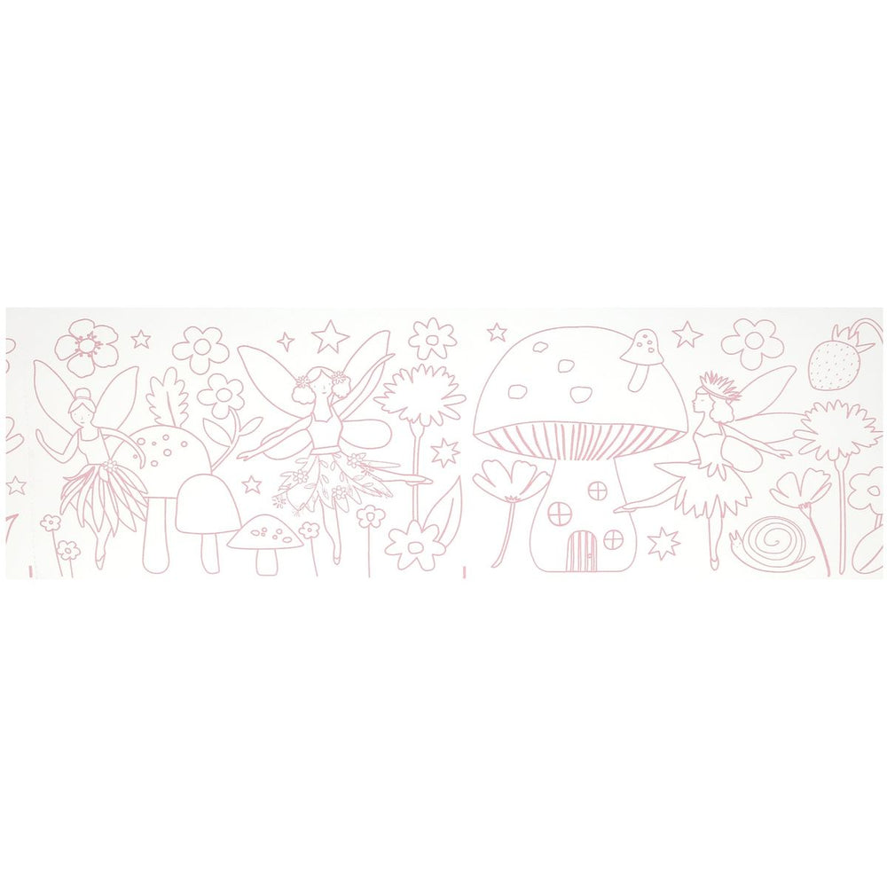 Decorative border with fairies, mushrooms, and flowers on a white background