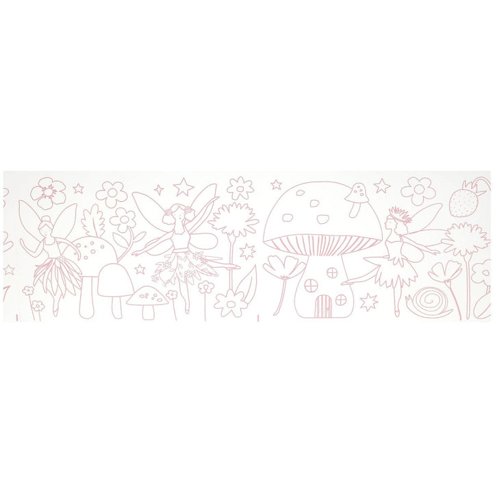 Decorative border with fairies, mushrooms, and flowers on a white background