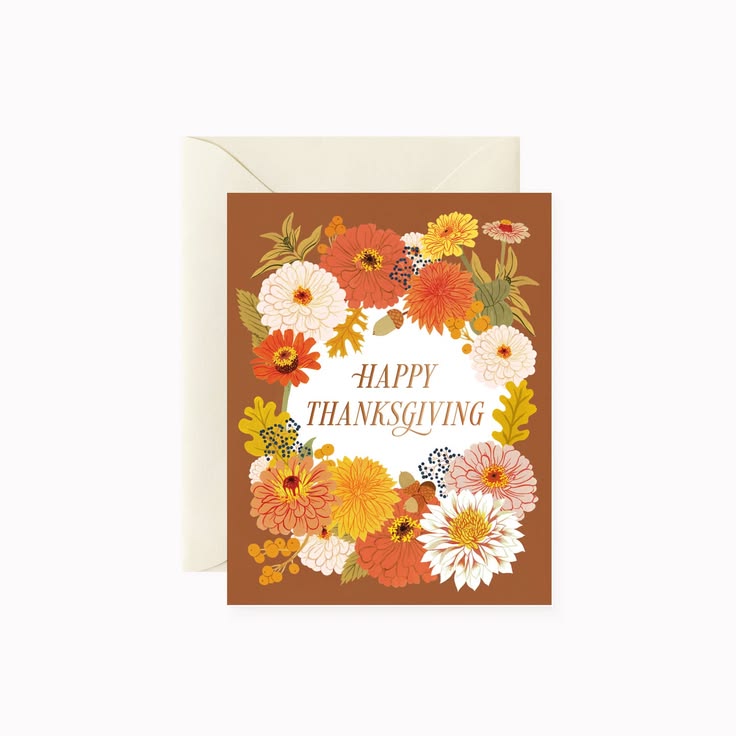 Greeting card with floral design and 'Happy Thanksgiving' text on a brown background