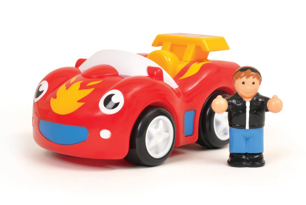 Toy car with a flame design and a small figure of a person standing next to it on a white background