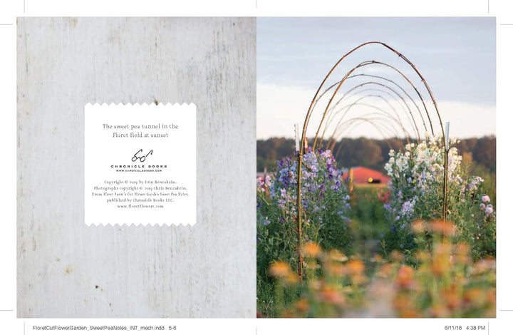 A split-page design layout: the left side shows a textured light gray background with a centered white label containing small text and a signature-style logo; the right side shows a garden scene with a metal arch trellis over wildflowers in purple, white, and orange tones.