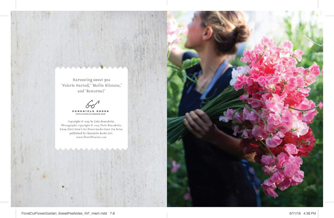 A split-page printed design or invitation layout: the left side shows a textured off-white background with a centered white card containing elegant black text and a signature, while the right side shows a woman outdoors holding a large bouquet of pink flowers.