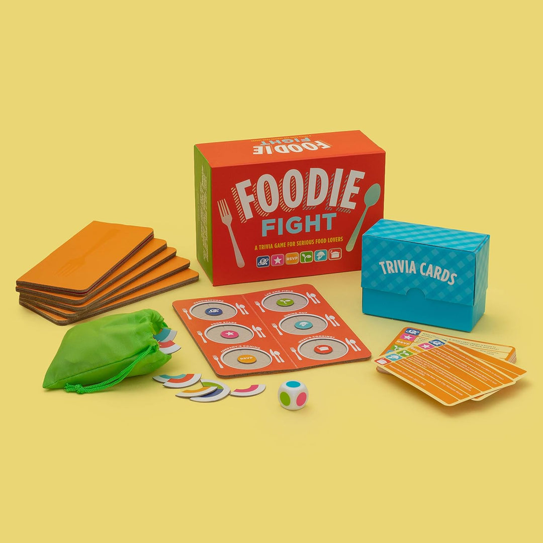 Board game components including a box, cards, and dice on a yellow background