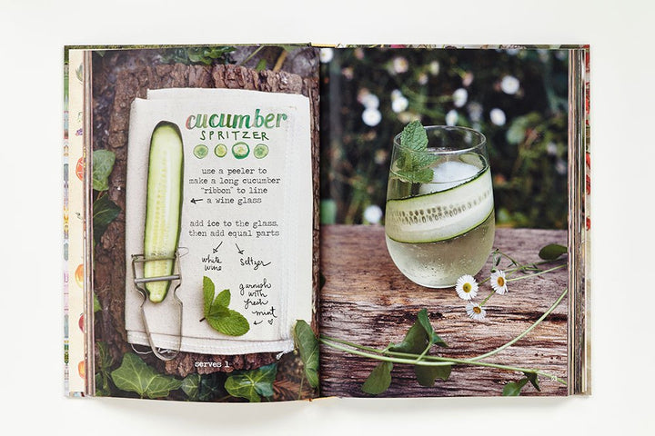 Open book with a cucumber spritzer recipe and illustration of a glass with a drink.