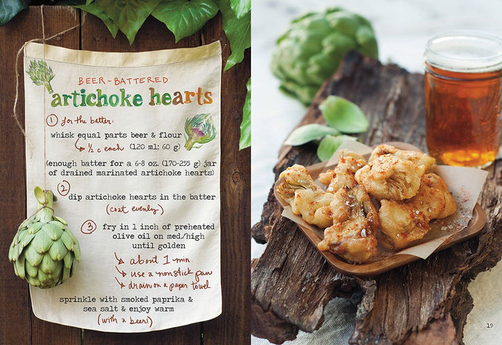 Recipe card for beer-battered artichoke hearts with a photo of the dish and a glass of beer.