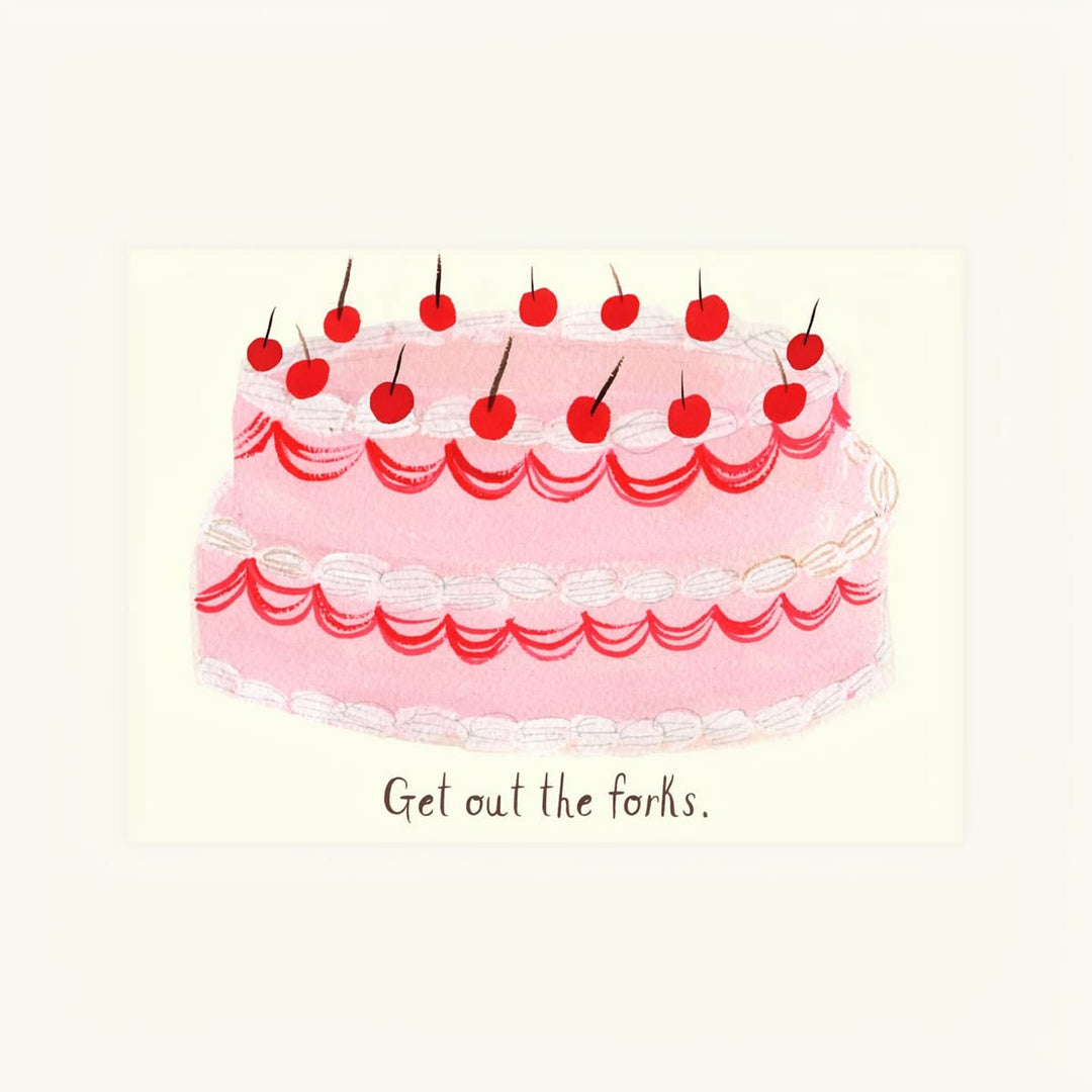 A square art print featuring a watercolor-style pink cake topped with red cherries and the humorous caption 'Get out the forks.' on a cream background.