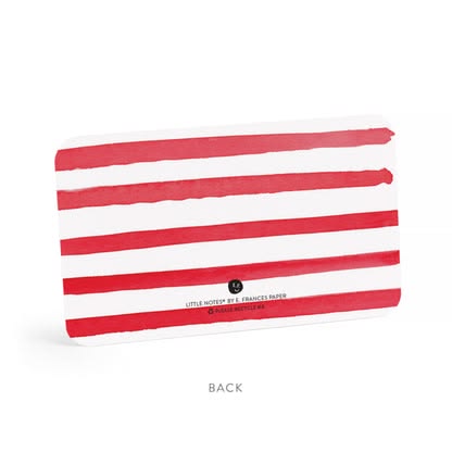 Red and white striped pouch with a brand logo on a white background