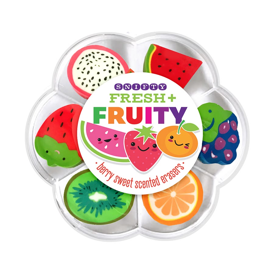 Fruit-themed scented erasers in a holder with 'Sniffy Fresh + Fruity' branding.
