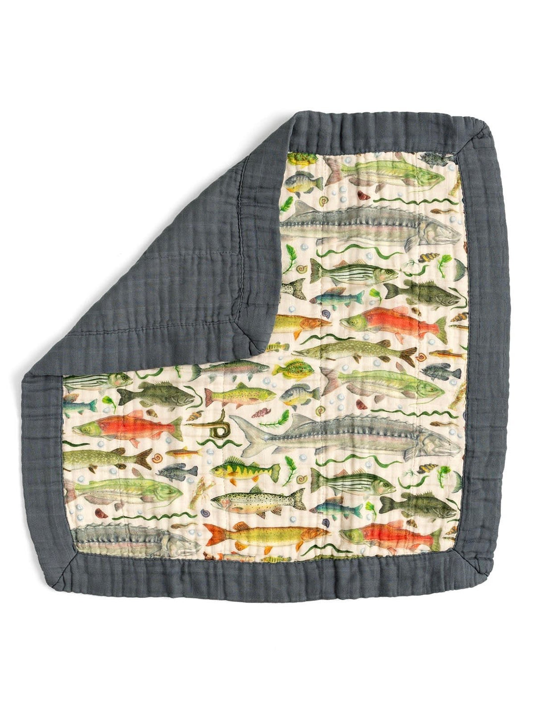 A quilted baby blanket with a dark gray border and a back featuring a colorful pattern of various fish on an off-white background, shown on a white studio background.