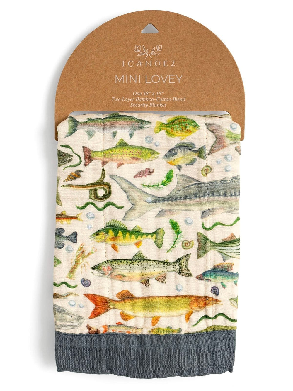 A packaged cotton bandana featuring a colorful fish pattern on an off-white background, with a dark gray ruffled hem and a brown cardboard header card. The header card is branded 'ICANOE2' and labeled 'MINI LOVEY'.