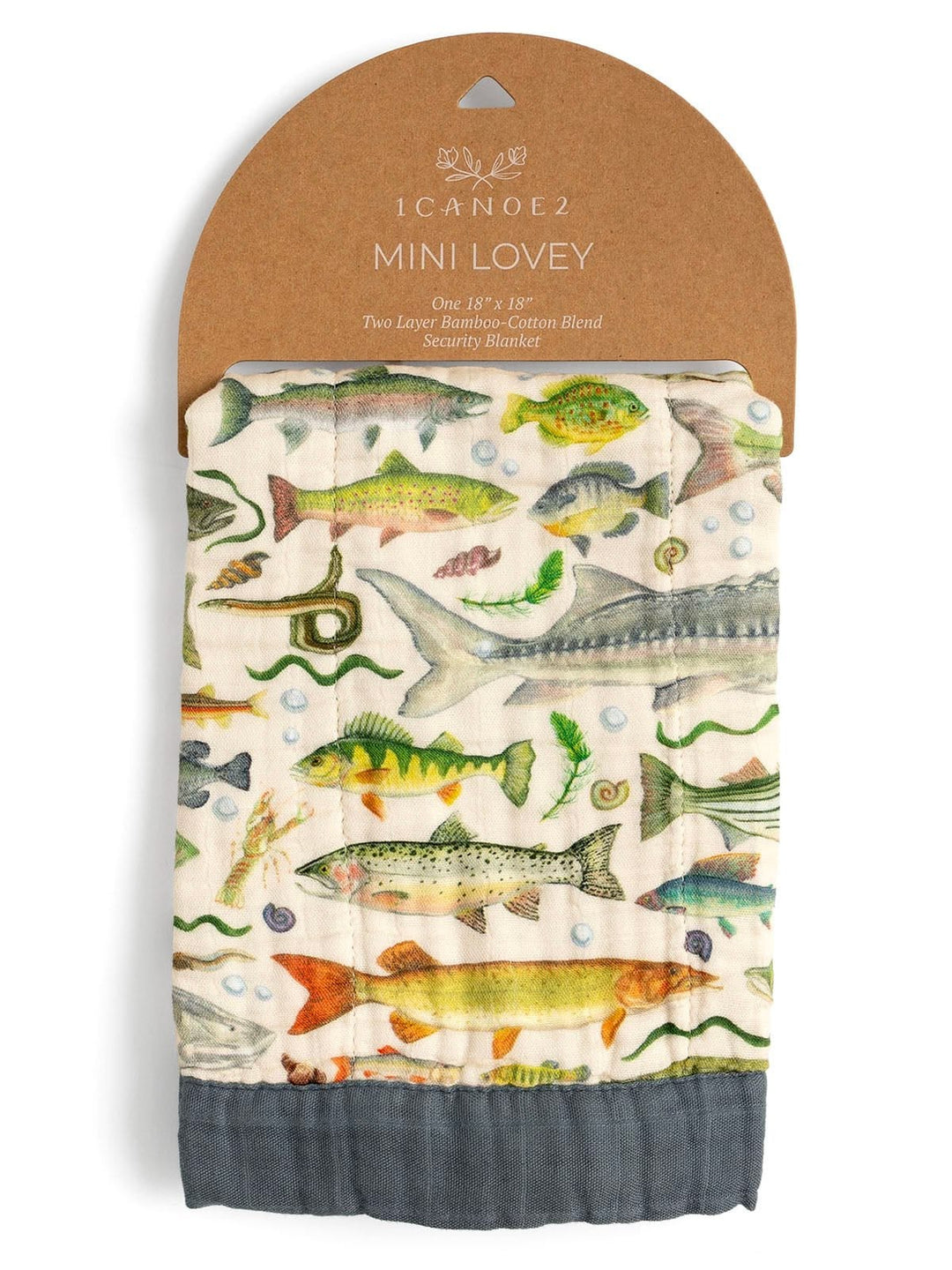 A packaged cotton bandana featuring a colorful fish pattern on an off-white background, with a dark gray ruffled hem and a brown cardboard header card. The header card is branded 'ICANOE2' and labeled 'MINI LOVEY'.