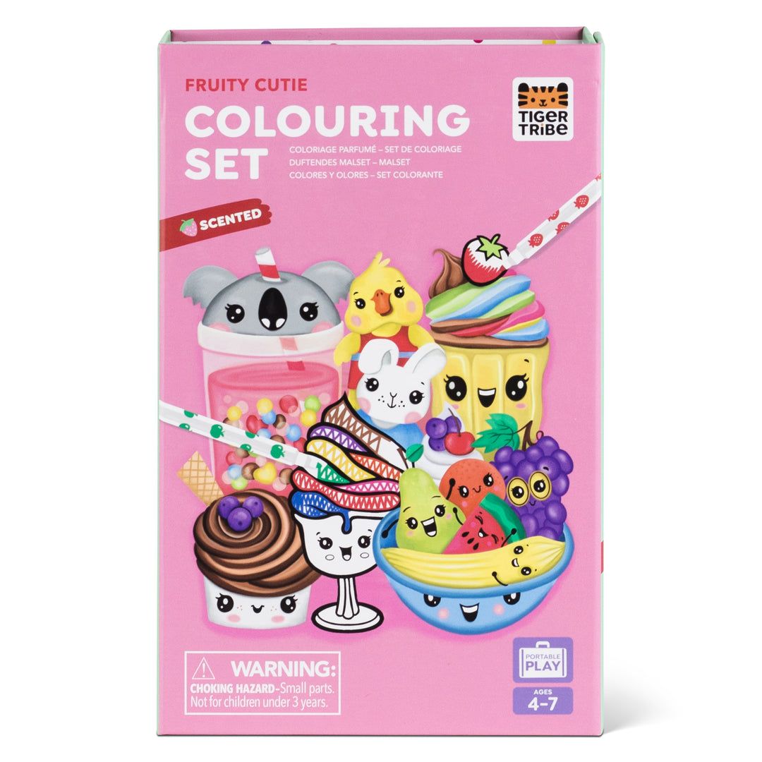 Fruity Cutie Colouring Set packaging with cartoon characters on a pink background