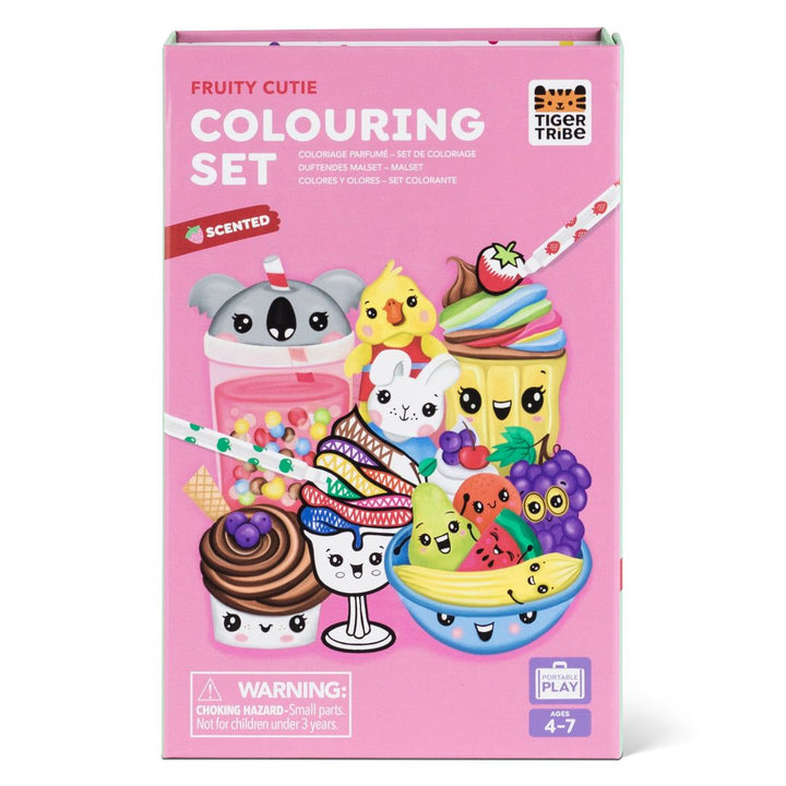Fruity Cutie Colouring Set packaging with cartoon characters on a pink background