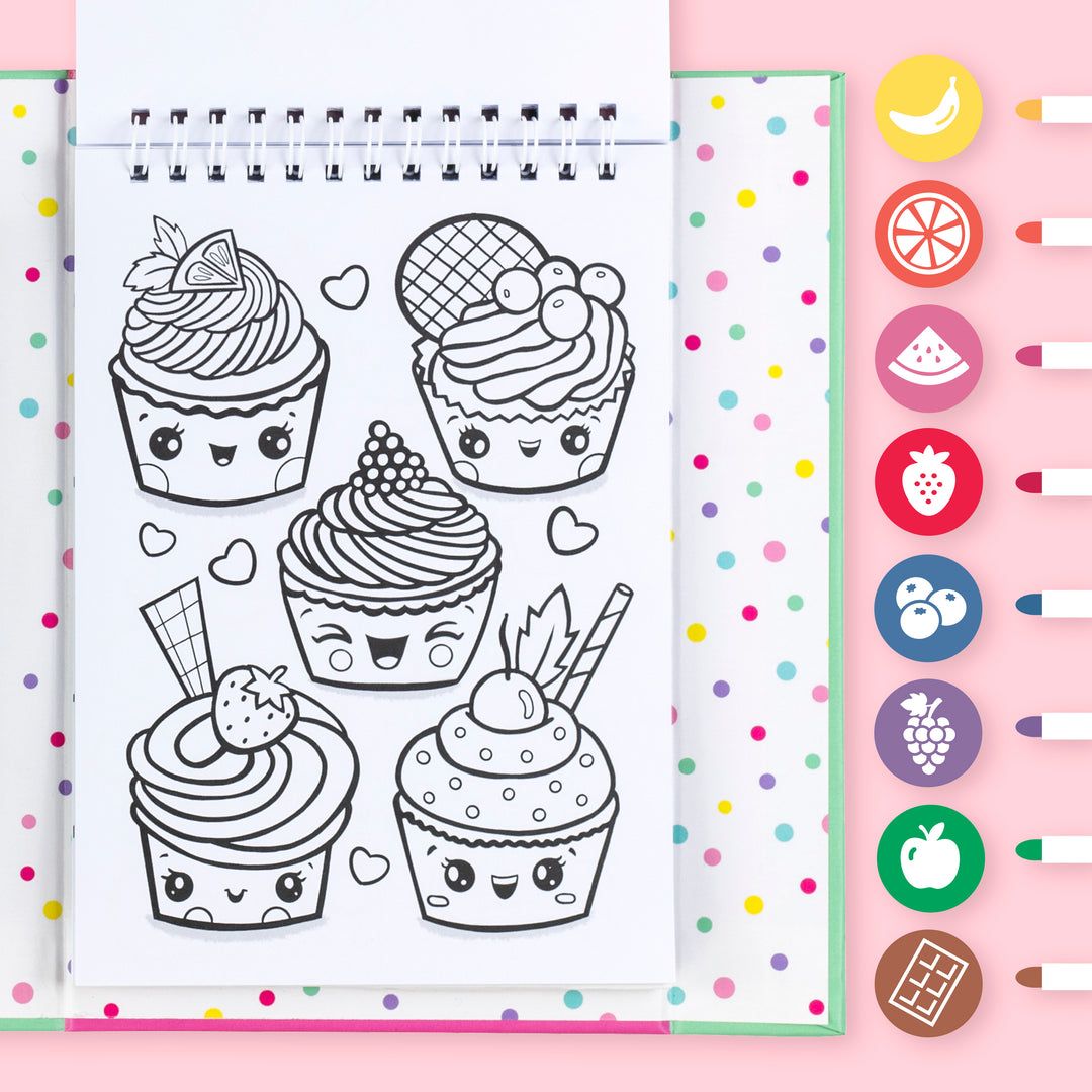 Coloring book with cute cupcake illustrations and a set of markers on a polka dot background