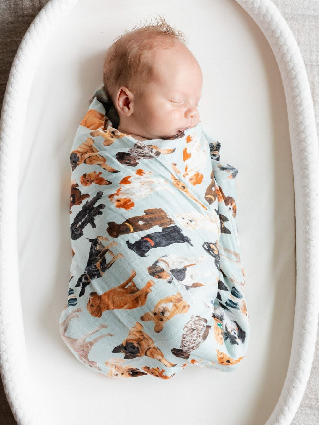 A sleeping newborn baby swaddled in a light blue muslin swaddle blanket with a colorful print of various dog breeds, resting inside a white oval bassinet.