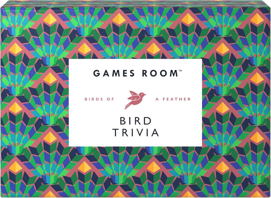 Games Room Birds of a Feather Bird Trivia game box featuring a colorful geometric pattern with a white center label.