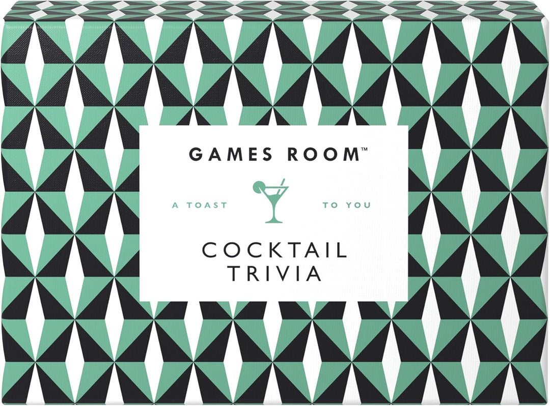 Cocktail trivia game box with geometric pattern and 'Games Room' branding