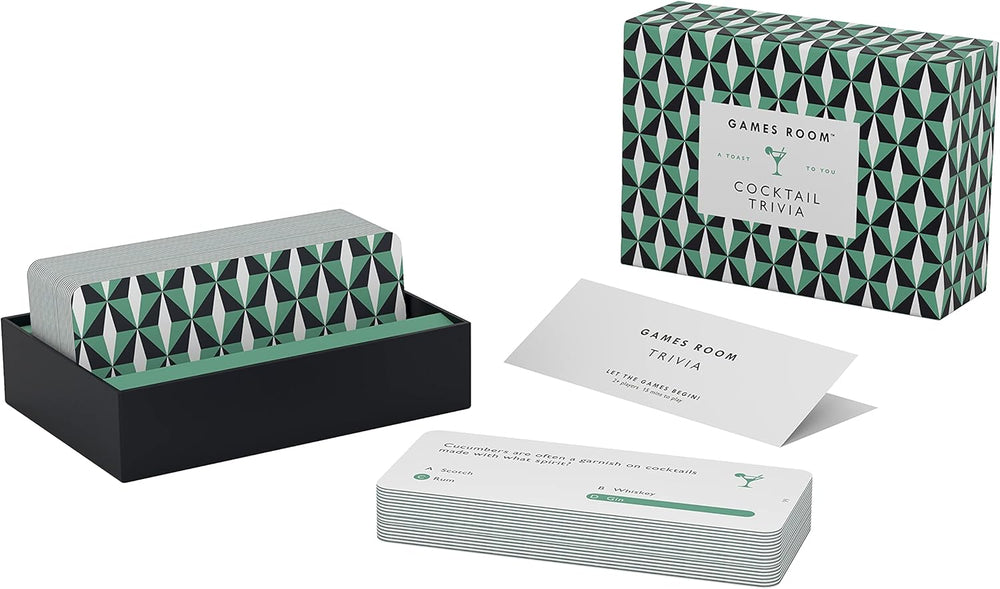 Cocktail trivia game set with cards and packaging on a white background